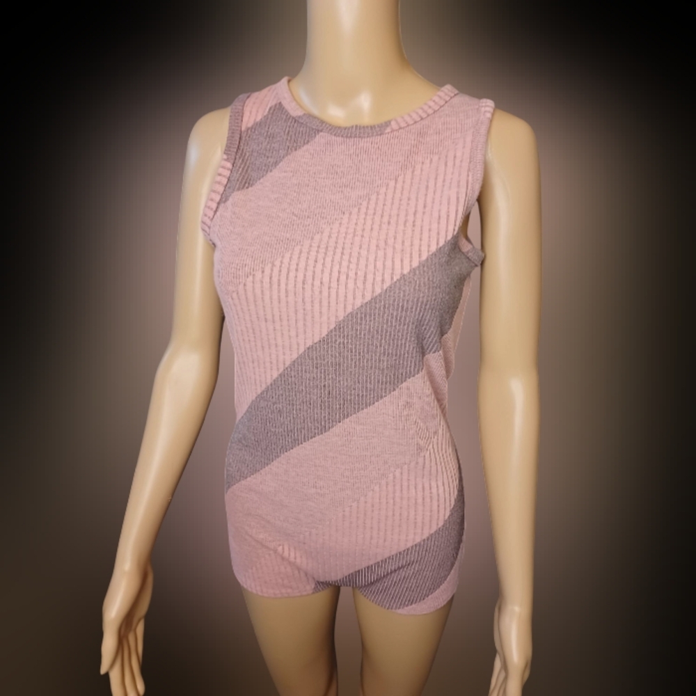Pink and Gray Ribbed Striped Sleeveless Knit Bodysuit